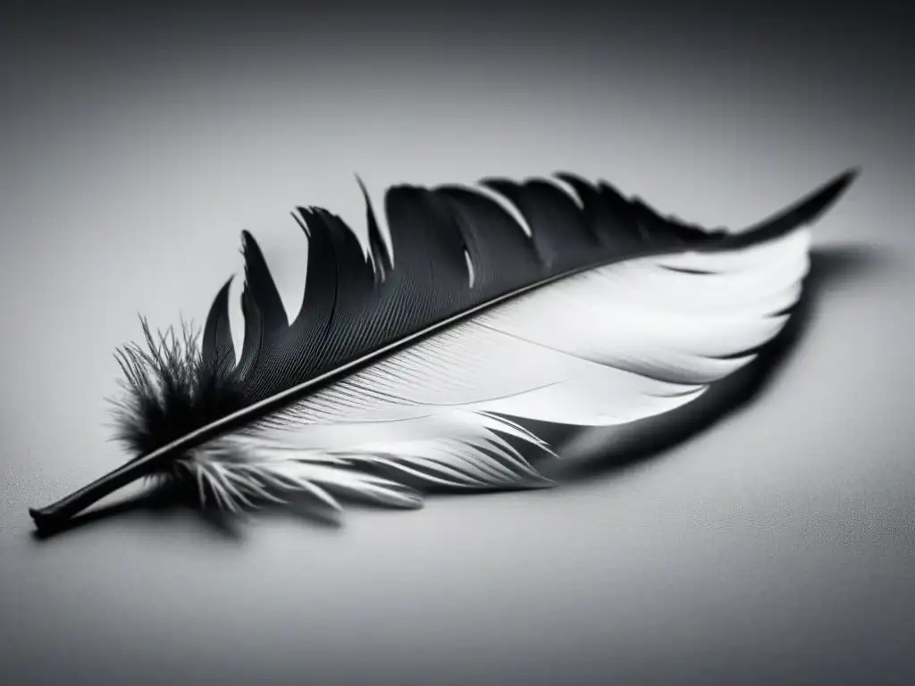 Pluma delicada en blanco y negro, reflejando minimalismo y fuerza sutil en poesía
