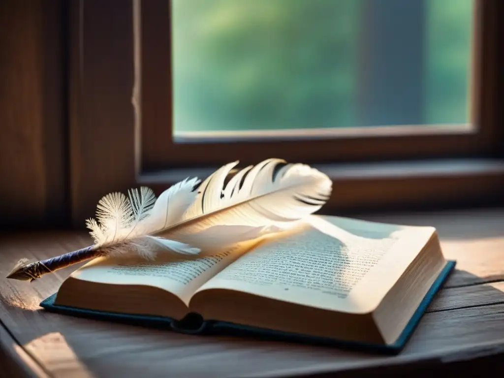 Una pluma delicada descansa sobre un libro antiguo, iluminada por luz natural, evocando el poder transformador de la poesía Esteban Manuel