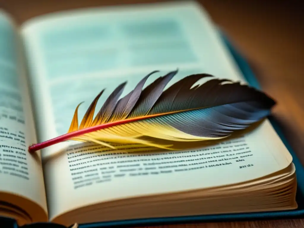 Pluma delicada sobre libro antiguo iluminado por luz natural, detalle de textura y palabras