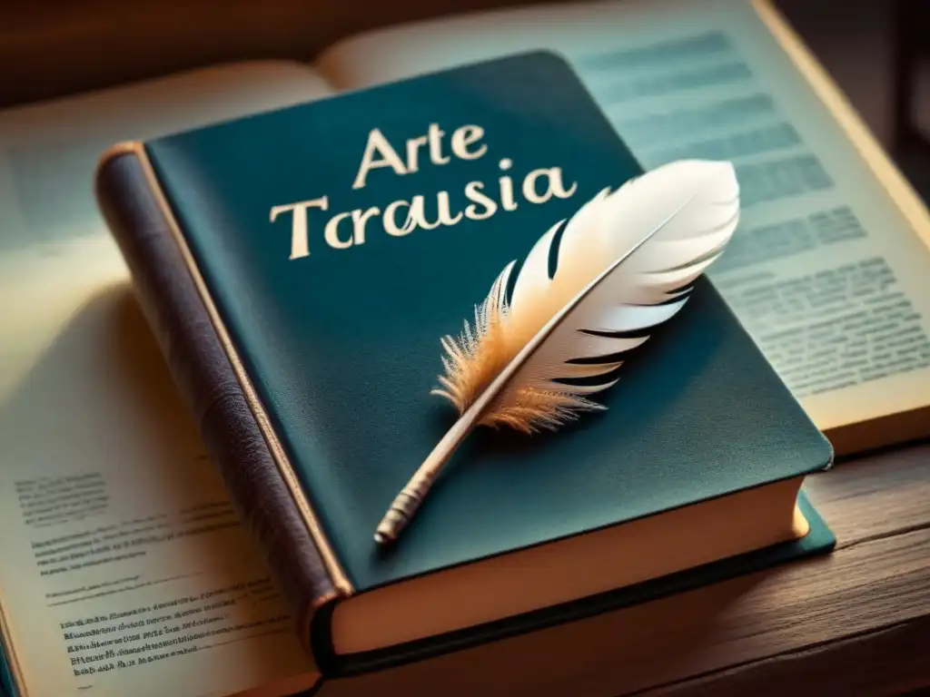 Pluma delicada sobre libro antiguo con 'El Arte de Traducir Poesía', resaltando la importancia de la traducción poesía