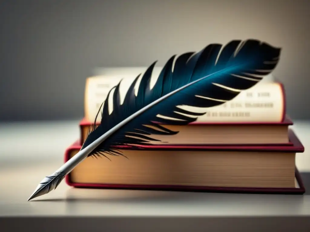 Una pluma delicada descansa sobre libros filosóficos, reflejando la intersección entre poesía y filosofía en blanco y negro