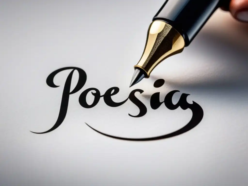 Una pluma delicada crea la palabra 'poesía' en una hoja blanca con elegante caligrafía