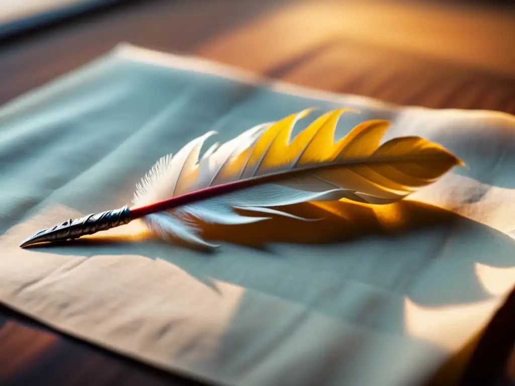 Pluma delicada sobre papel en blanco, iluminada por luz cálida