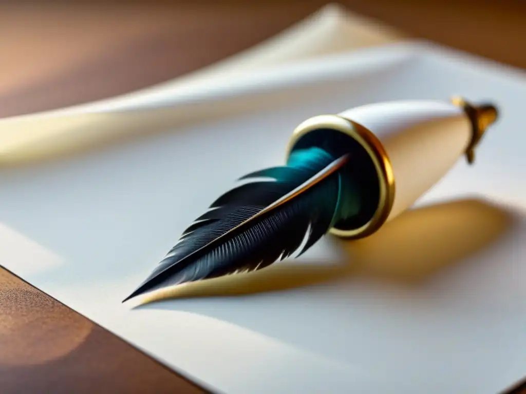 Pluma delicada sobre papel en blanco, inspirando a desarrollar estilo único poesía