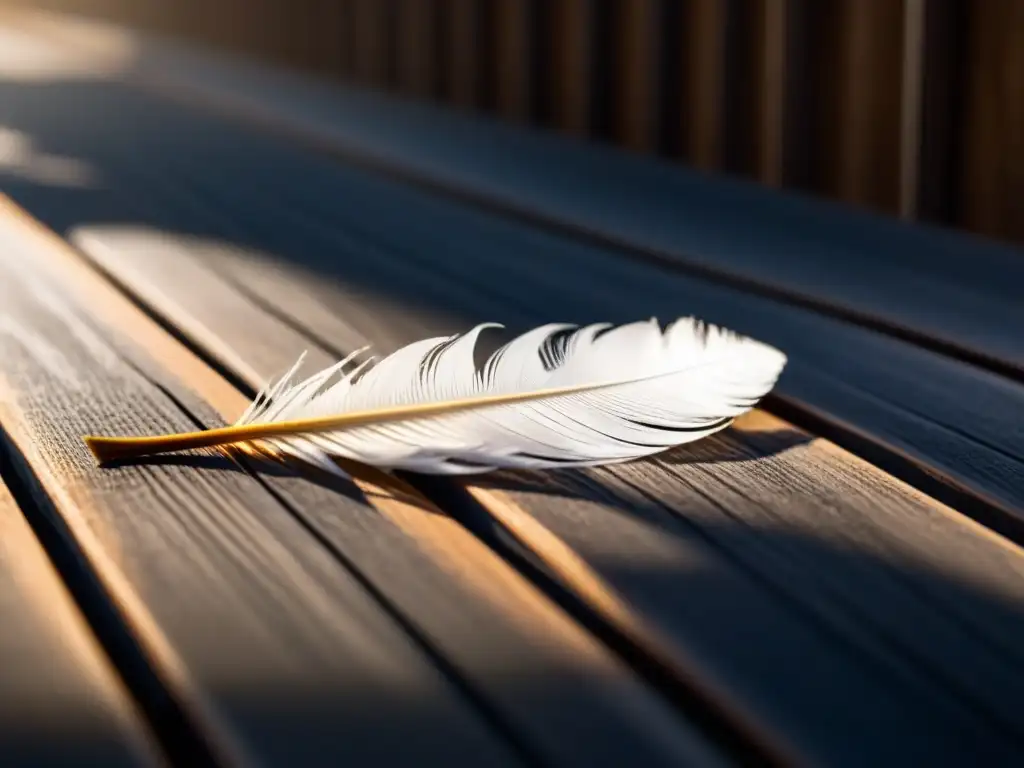 Pluma delicada flotando entre sombras y rayos de luz, simbolizando la poesía como herramienta transformadora