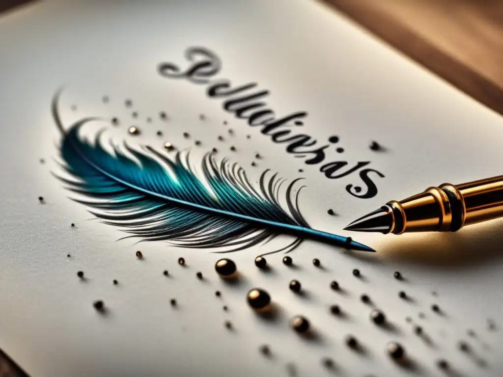 Una pluma detallada crea caligrafía elegante en pergamino blanco, capturando la esencia de la escritura creativa poética