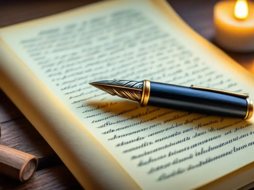 Pluma detallada sobre cartas amarillentas con caligrafía elegante, creando atmósfera íntima de poesía epistolar