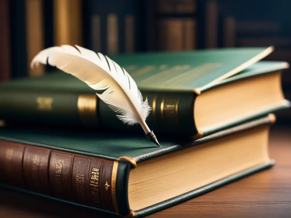 Pluma antigua sobre libros: sabiduría iluminada Una pluma delicadamente detallada reposa sobre libros antiguos, iluminada por una suave luz, evocando contemplación y sabiduría