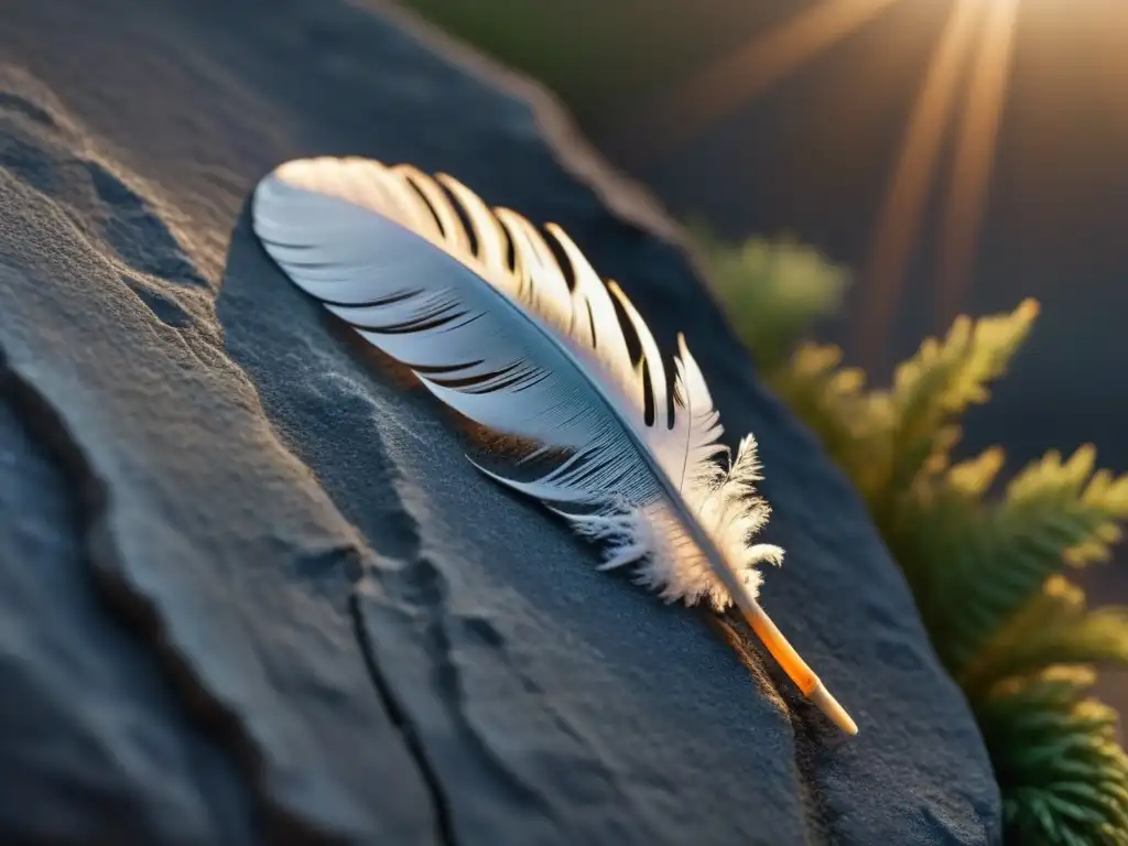 Pluma detallada sobre piedra, iluminación suave