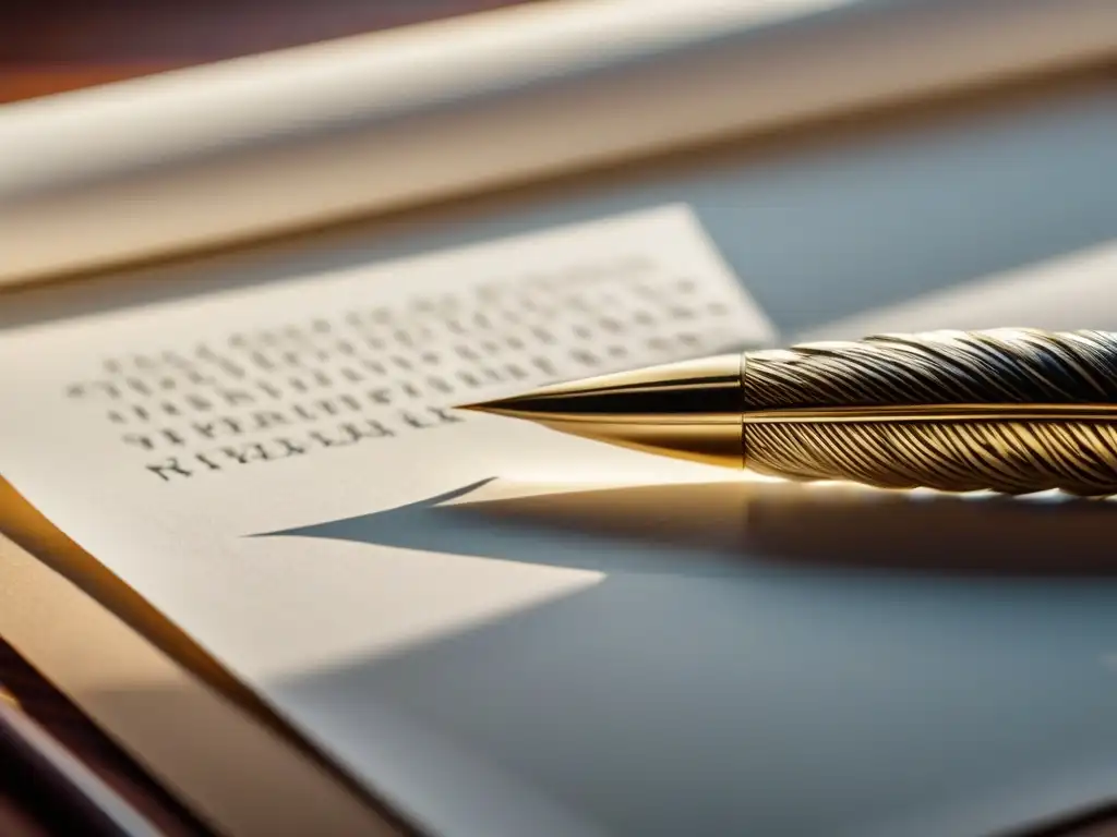 Una pluma intrincadamente diseñada reposa en un papel en blanco, listo para transformación a través de la poesía