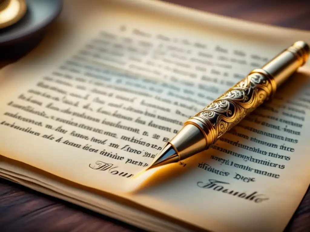 Pluma dorada sobre pergamino: belleza de la poesía barroca Pluma dorada detallada descansa en pergamino antiguo con caligrafía barroca, genio de la poesía barroca