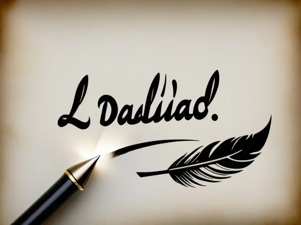 Una pluma delicadamente escribiendo 'La dualidad del ser' en un pergamino, rodeada de inspiración