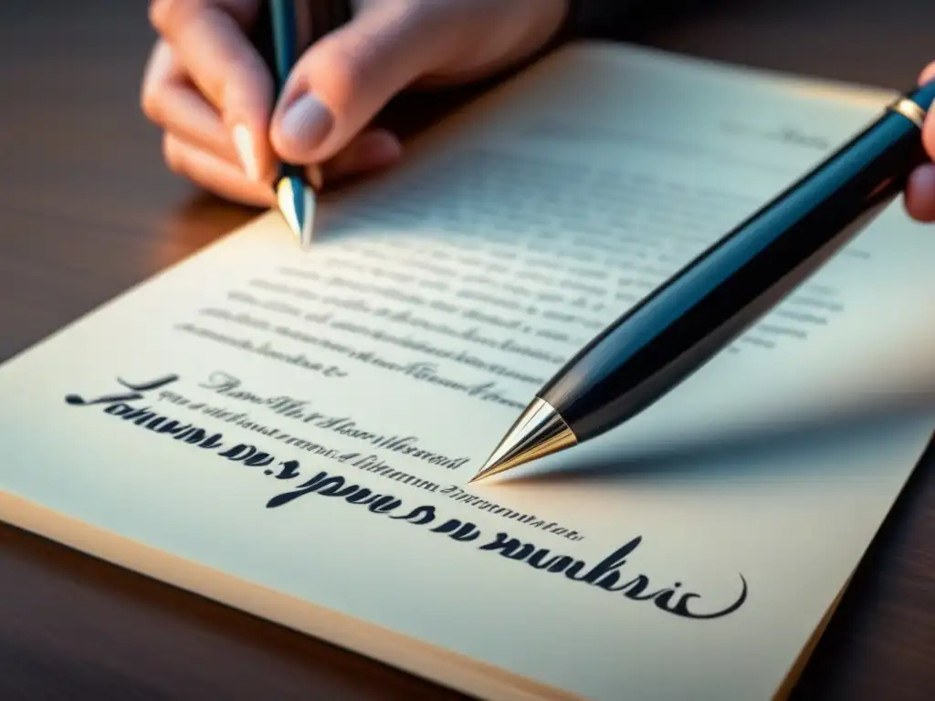 Una pluma de escribir delicadamente crea elegante caligrafía en una página en blanco, evocando el proceso creativo y el arte de escribir poesía