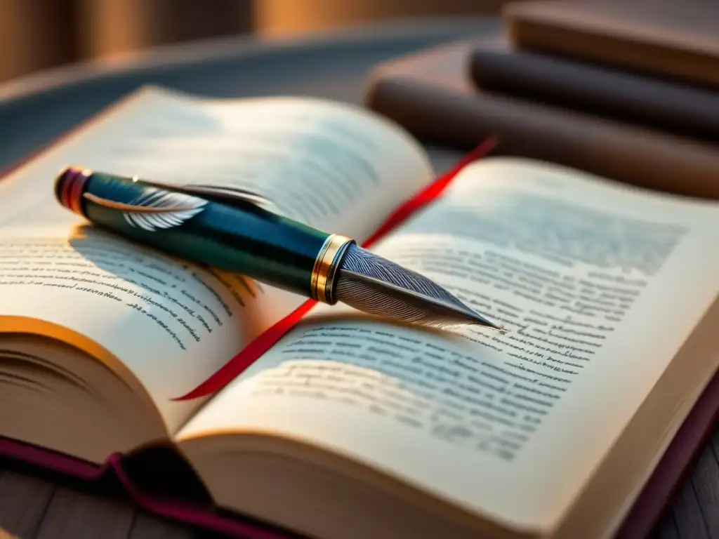 Una pluma elegante descansa sobre un libro abierto con versos poéticos