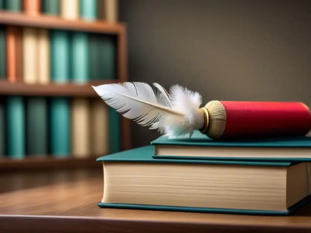 Una pluma elegante reposa sobre libros, iluminada por una luz suave, simbolizando certificaciones escritura creativa