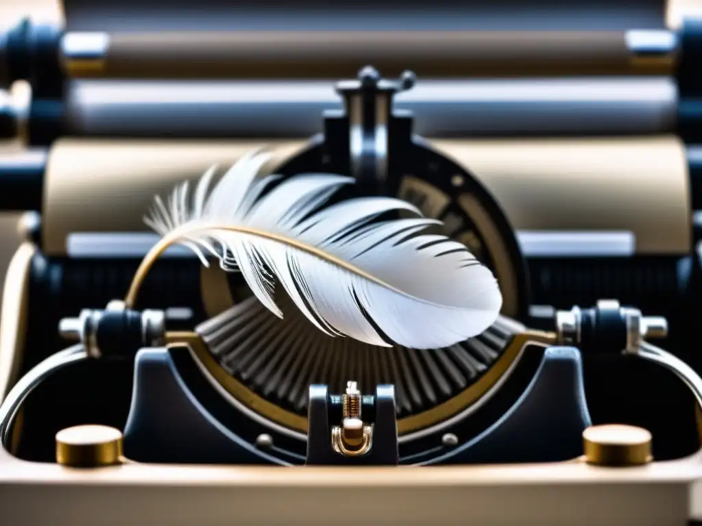 Pluma elegante sobre máquina de escribir vintage, resaltando el poder transformador de las palabras en poesía