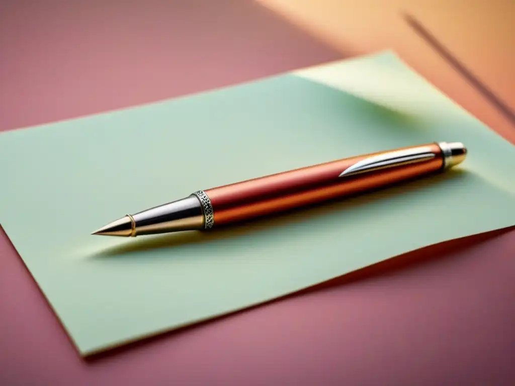 Pluma poética en papel en blanco: inspiración infinita Una pluma elegante reposa sobre papel en blanco, en un ambiente tranquilo y de inspiración
