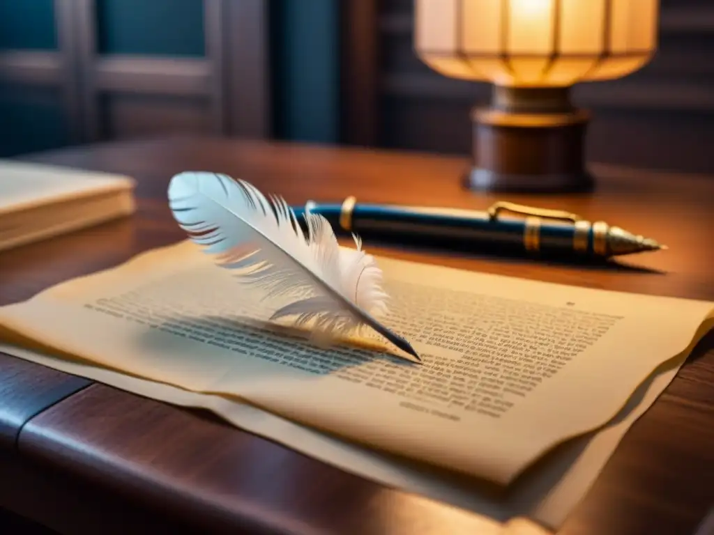 Pluma vintage sobre pergamino: detalle en 8k Una pluma elegante reposa sobre pergamino antiguo en un escritorio de madera pulida, evocando poesía filosófica Lucrezia Marinella