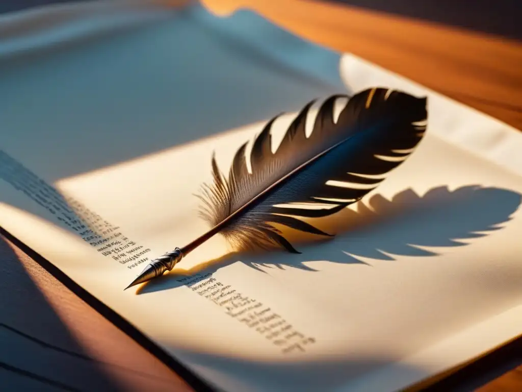 Una pluma elegante reposa sobre un pergamino en blanco, iluminada por una luz cálida