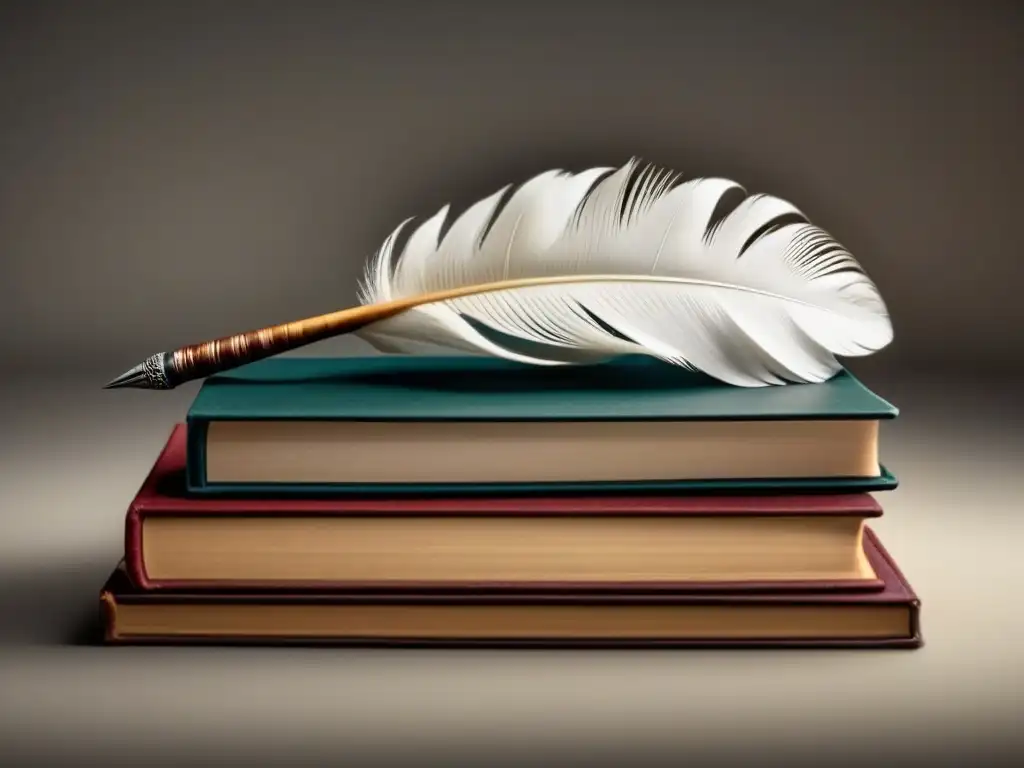 Pluma equilibrada en libros antiguos, con toque moderno sutil