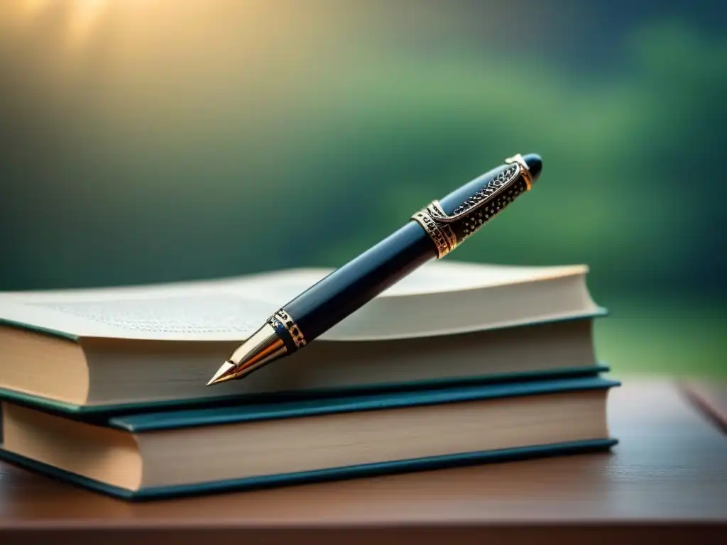 Una pluma equilibrada sobre libros de poesía, proyectando sombra de ave