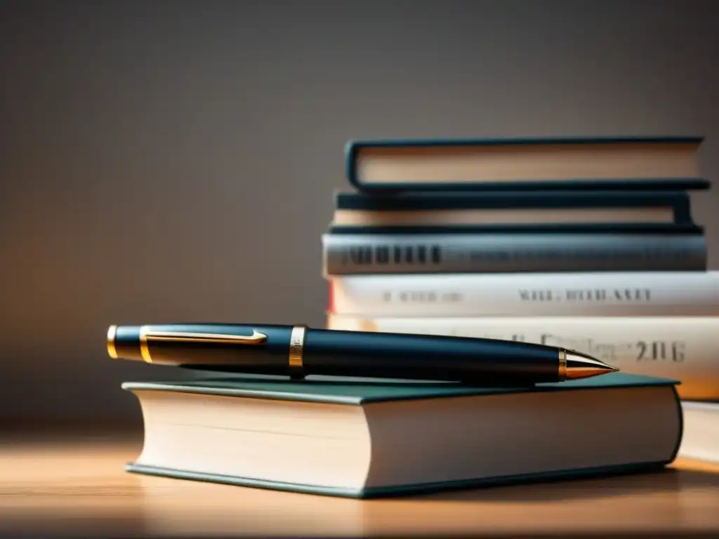 Poética elegancia: pluma sobre libros de poesía Pluma en equilibrio sobre libros de poesía, luz suave, sombra sutil