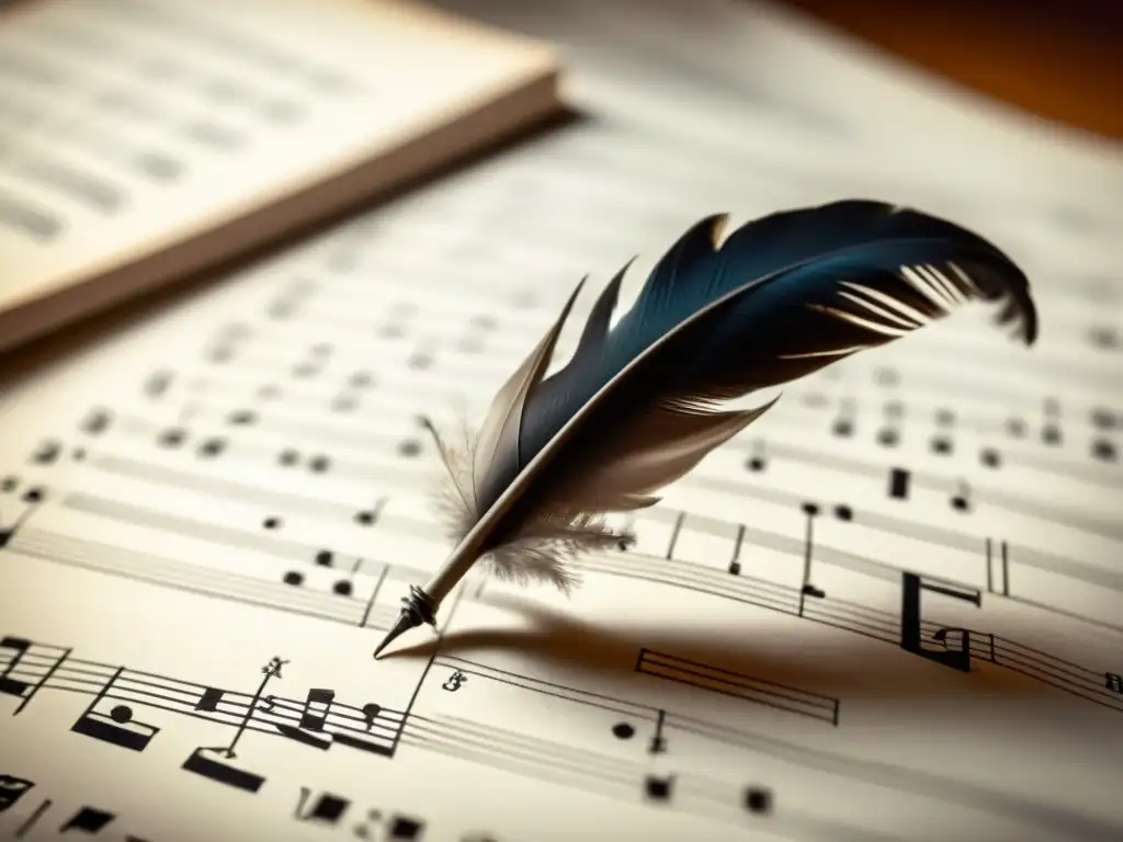 Una pluma de escritura antigua reposa delicadamente sobre una partitura vintage, iluminada por una luz suave, creando una atmósfera serena y artística