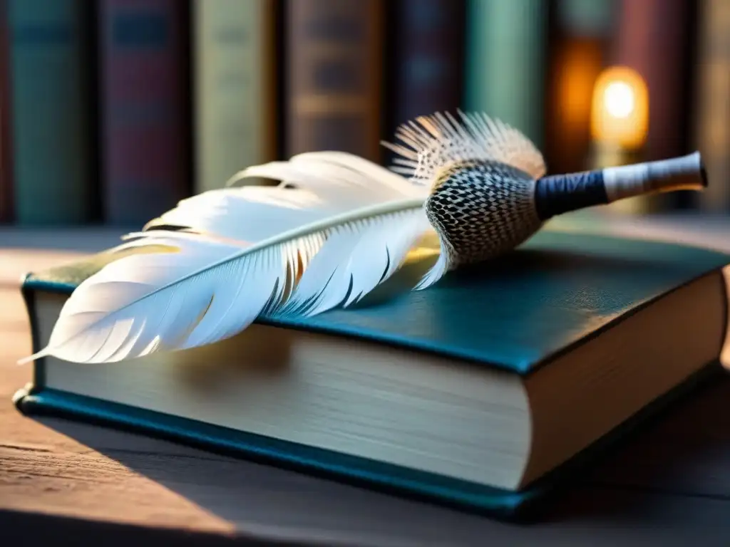 Una pluma de escritura equilibrada en libros antiguos, destaca la retórica en poesía lírica con detalle y serenidad