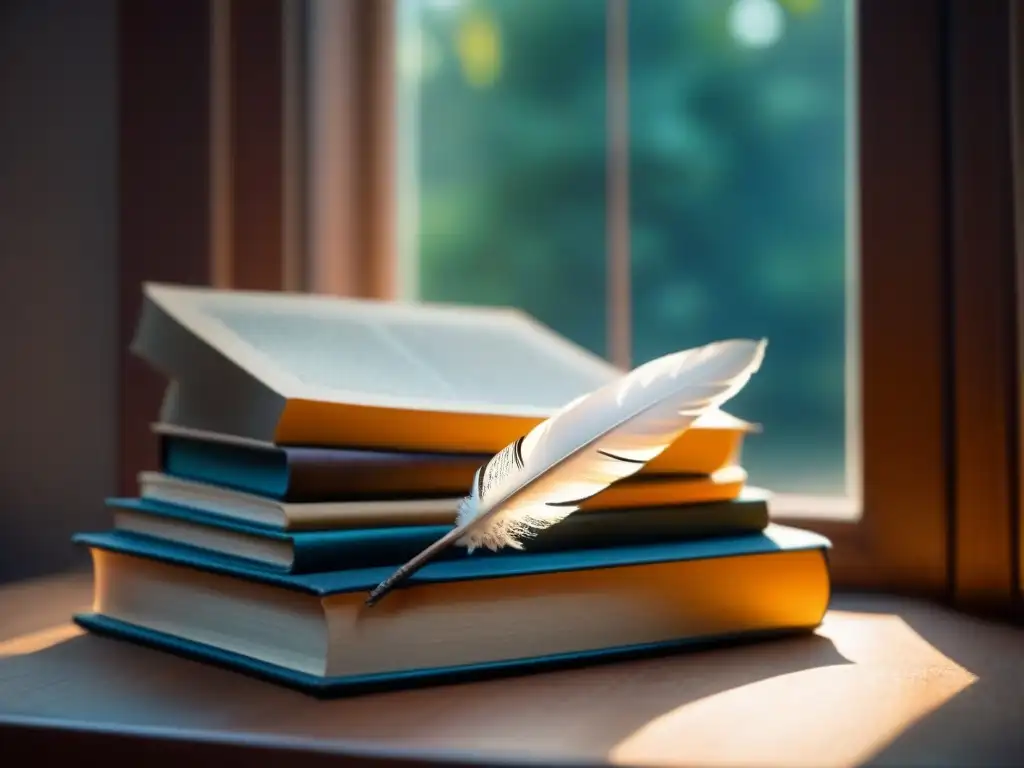 Pluma de escritura descansando en libros antiguos, iluminada por luz natural