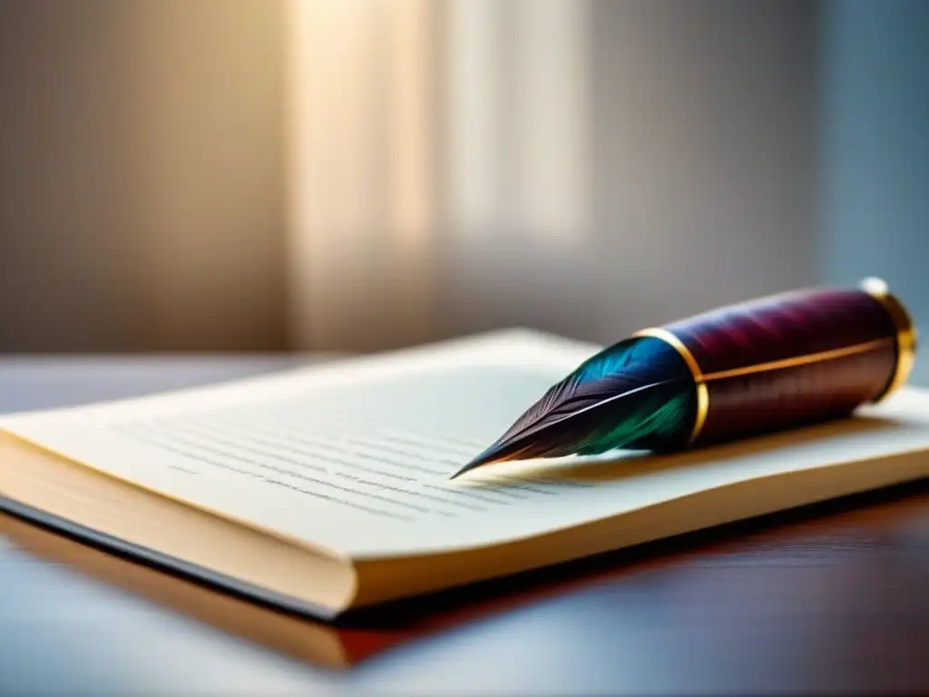 Una pluma de escritura descansa sobre un montón de páginas blancas, con luz natural suave