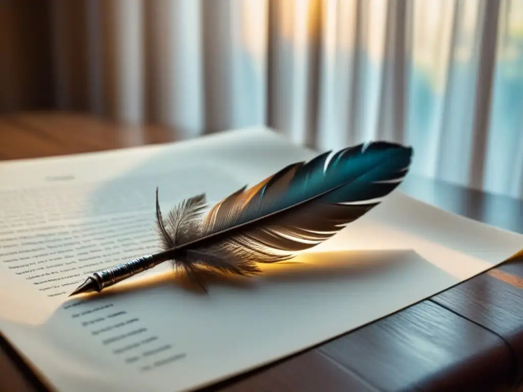 Pluma de escritura descansando sobre papel de alta calidad, iluminada por un rayo de sol