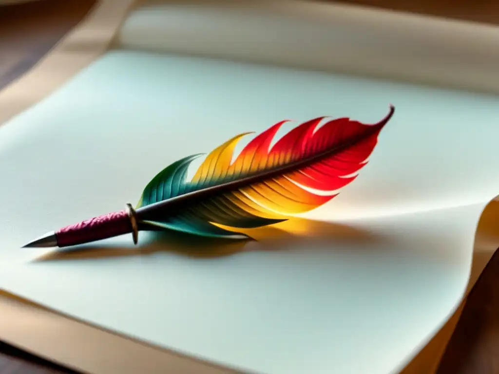 Una pluma de escritura descansa sobre un pergamino en blanco, iluminada naturalmente, simbolizando la creatividad y la narración
