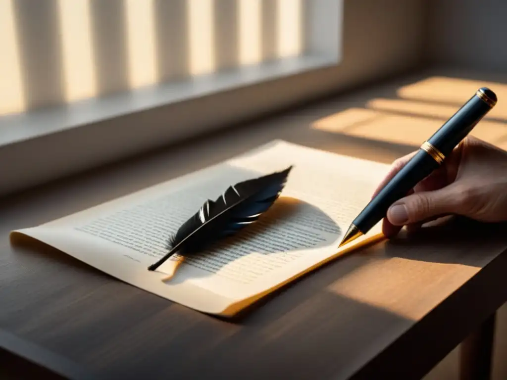 Pluma de escritura sobre pergamino en blanco, reflejo de luz, atmósfera serena