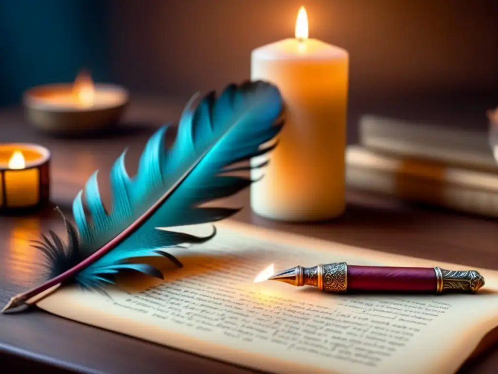 Pluma de escritura en pergamino, iluminada por una vela, resaltando la importancia de la poesía en el Renacimiento