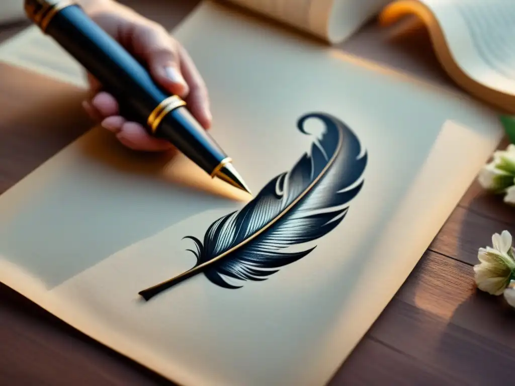 Pluma de escritura sobre pergamino con motivos florales inspirados en el Renacimiento, influencia poesía Renacimiento español