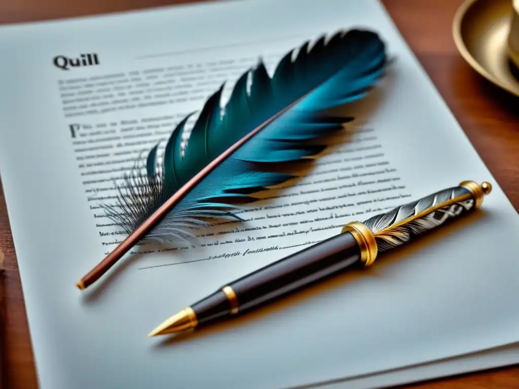 Una pluma de escritura crea poesía en papel blanco, evocando a poetisas destacadas en la historia