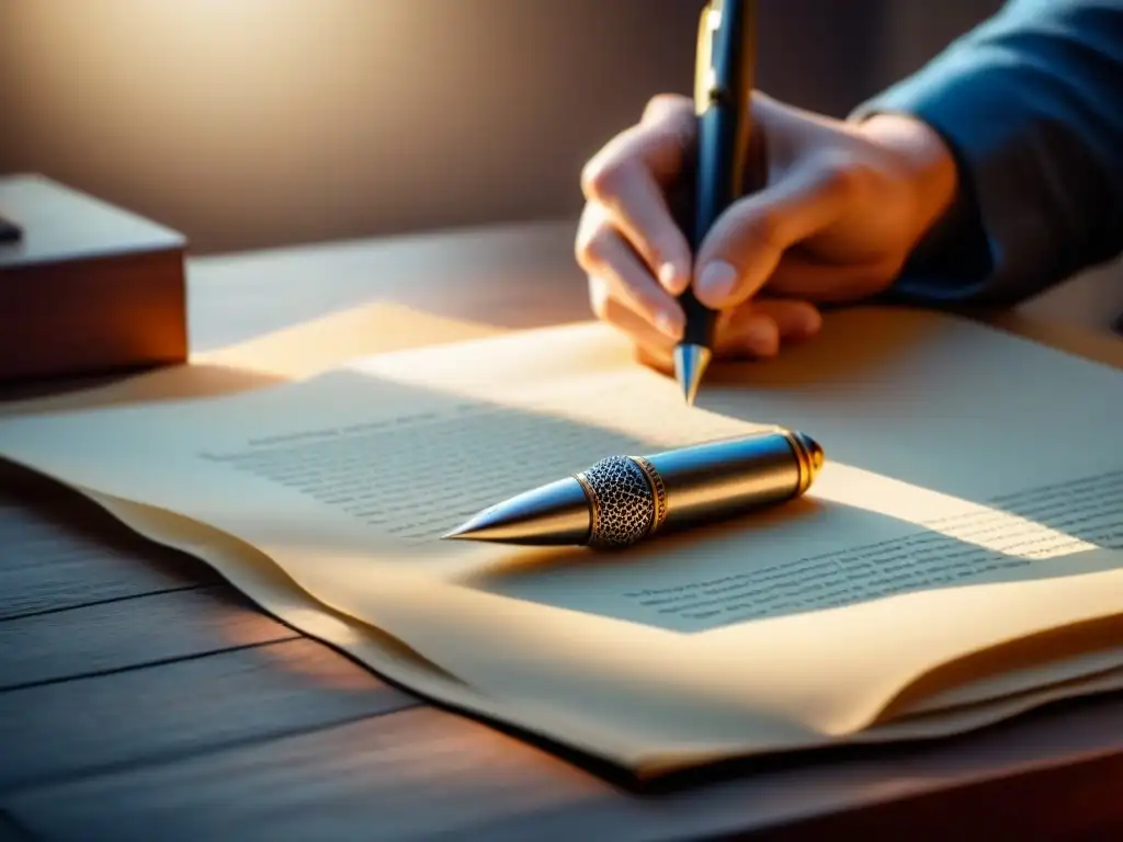 Una pluma de escritura delicadamente posada en un pergamino en blanco, iluminada con luz natural, creando una atmósfera serena y contemplativa