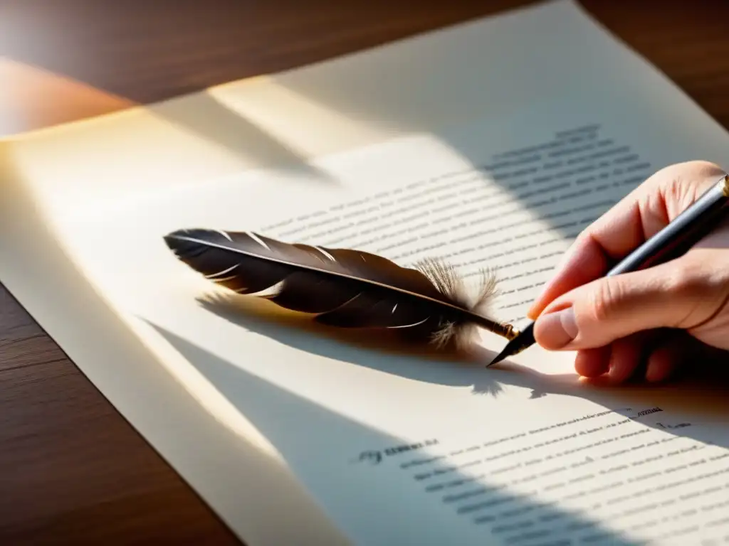 Pluma de escritura lírica transformadora sobre pergamino en luz natural, detalle del plumín y la textura del papel