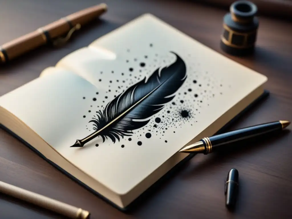 Una pluma estilizada descansa sobre un cuaderno abierto, rodeada de salpicaduras de tinta