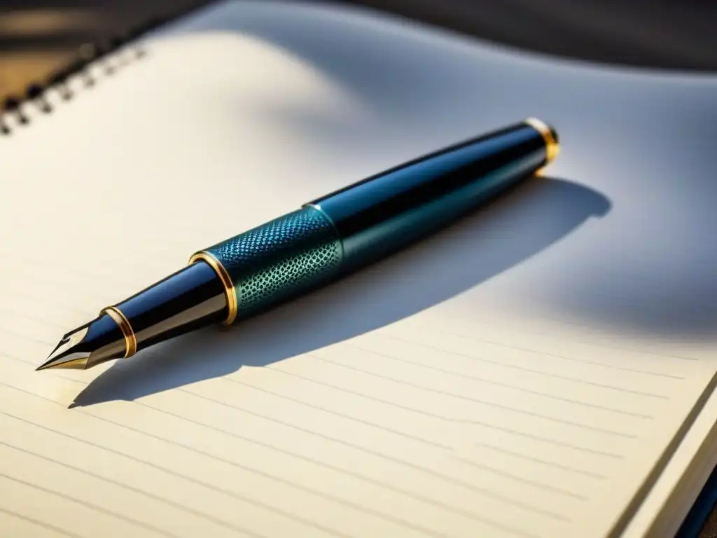 Una pluma fuente descansa sobre un cuaderno blanco, resaltando detalles con luz natural