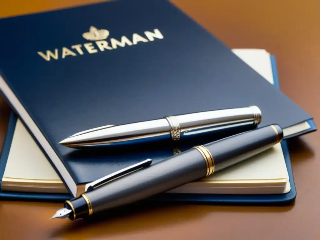 Una pluma fuente Waterman plateada descansa sobre cuadernos de cuero, mostrando historia y elegancia en accesorios de escritura de marcas prestigiosas