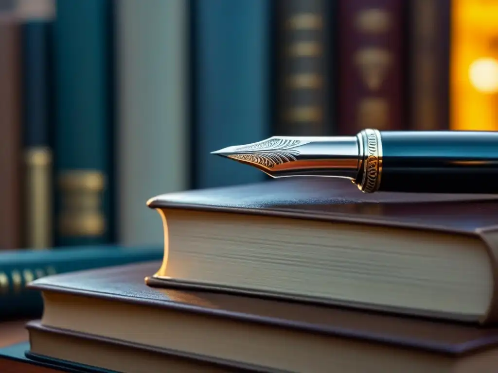 Una pluma fuente plateada descansa sobre libros de cuero, resaltando la elegancia de los accesorios de escritura historia marcas prestigiosas