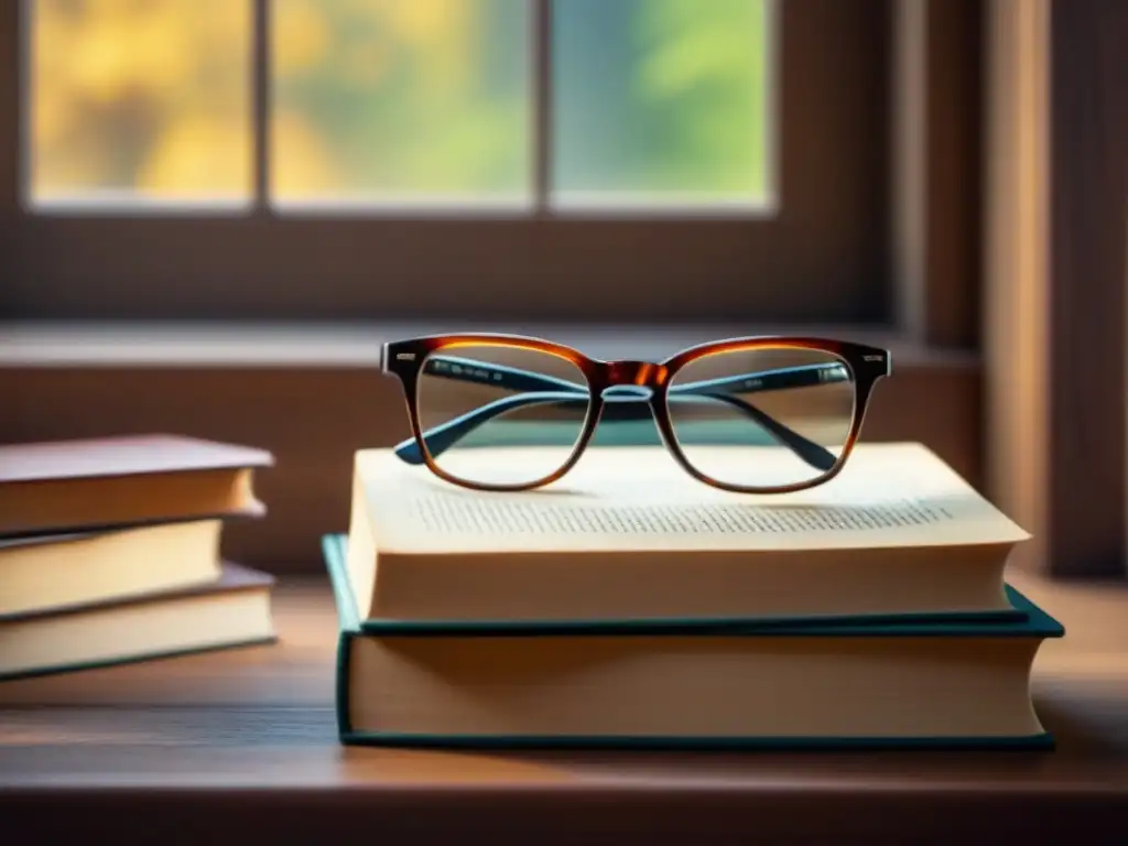Una pluma y gafas sobre libros filosóficos, con luz natural creando una atmósfera serena y académica