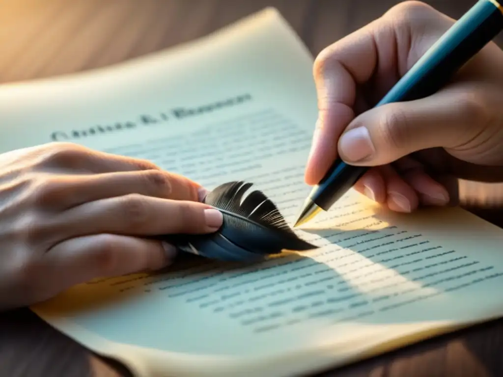 Pluma de Jerónimo de Carrión creando poesía en un pergamino, iluminada con sombras suaves, elegante y artístico