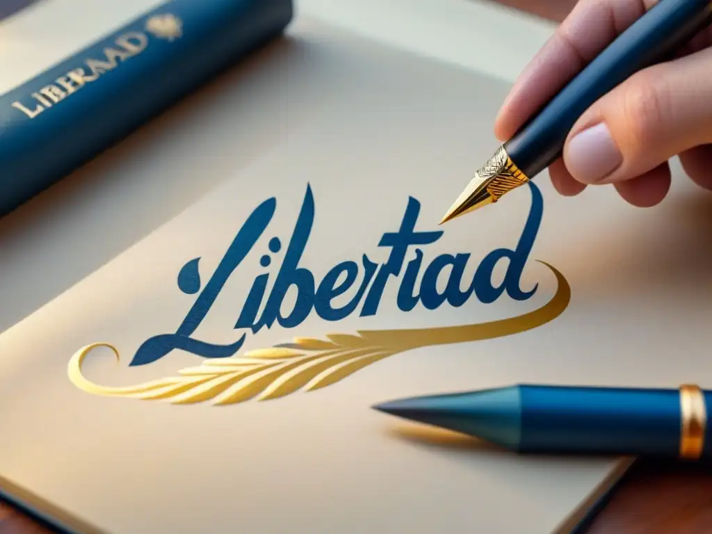 Una pluma escribe 'libertad' y 'dignidad' en caligrafía elegante rodeada de poesía, en tonos azules y dorados