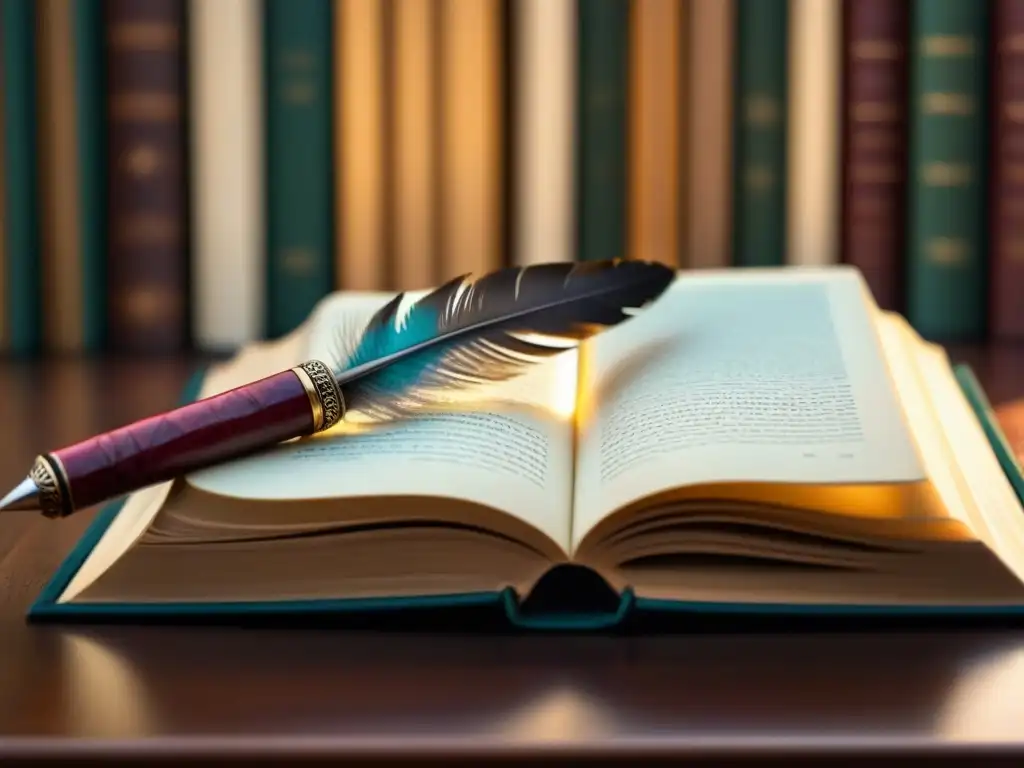 Una pluma descansa sobre un libro abierto con caligrafía, en un escritorio elegante