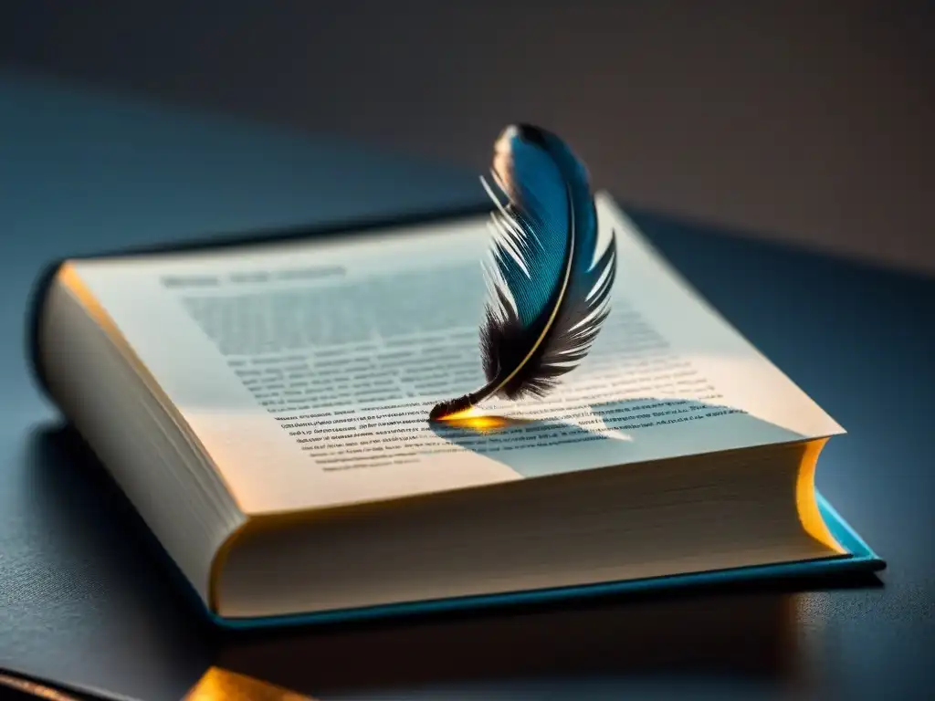 Pluma poética: inspiración a punto de caer Pluma sobre libro abierto con gota de tinta lista para caer