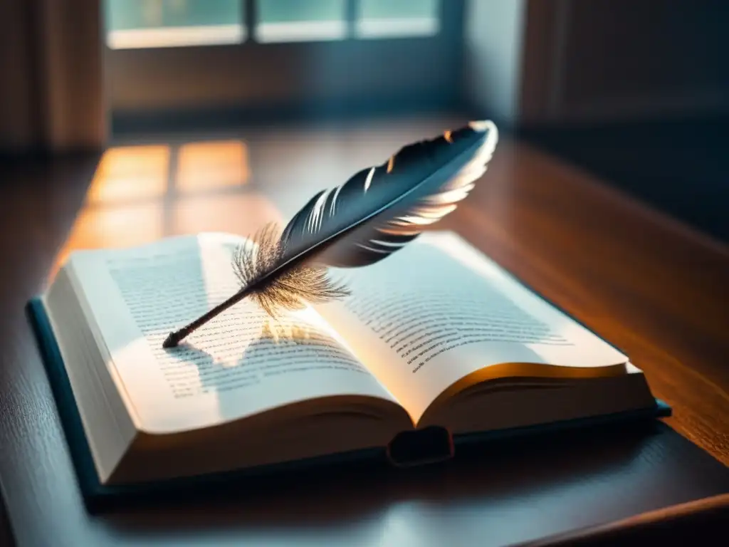 Pluma y libro: inspiración poética en blanco y negro Pluma sobre libro abierto con luz solar, inspirando transformación a través de la poesía