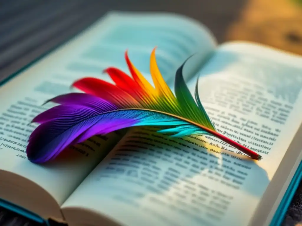 Una pluma arcoíris reposa delicadamente sobre un libro abierto con palabras de poesía, simbolizando identidad a través poesía queer