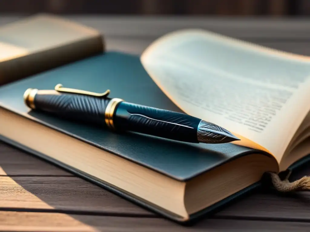 Pluma sobre libro antiguo con sombra tenue, resalta importancia herencia cultural poesía